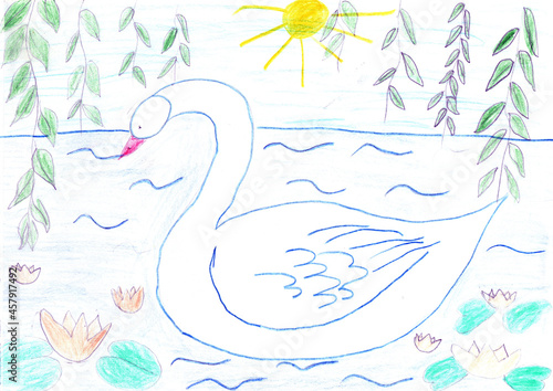 Childish drawing swan swimming on summer pond