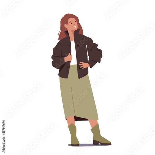Stylish Woman Wearing Suede or Leather Jacket, Long Skirt and Boots. Autumn Season Fashion for Girls, Casual Clothes
