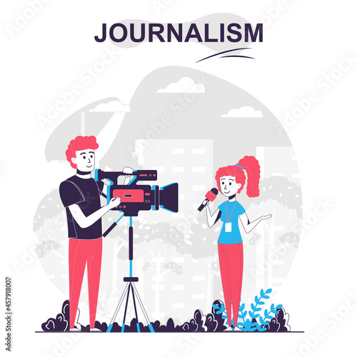 Journalism isolated cartoon concept. Journalist makes report, records story with cameraman, people scene in flat design. Vector illustration for blogging, website, mobile app, promotional materials.