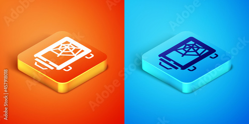 Isometric Safe icon isolated on orange and blue background. The door safe a bank vault with a combination lock. Reliable Data Protection. Vector