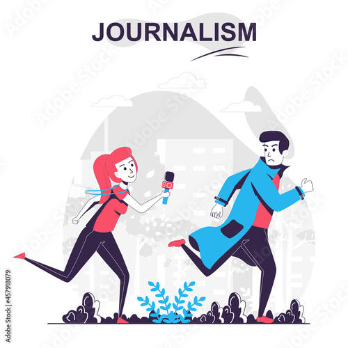 Journalism isolated cartoon concept. Journalist or paparazzi runs after man, mass media people scene in flat design. Vector illustration for blogging, website, mobile app, promotional materials.