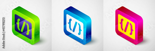 Isometric Programming language syntax icon isolated on grey background. Syntax programming file system. Square button. Vector