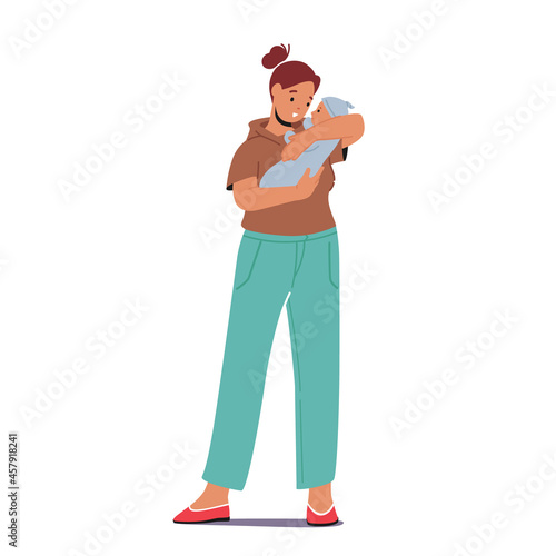 Young Female Character Holding Newborn Baby on Hands, Caucasian Woman Rock to Sleep Child, Singing Song. Maternity