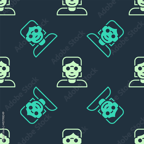 Green and beige Hacker or coder icon isolated seamless pattern on blue background. Programmer developer working on code, coding, testing, debugging, analysing. Vector