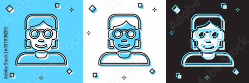 Set Hacker or coder icon isolated on blue and white, black background. Programmer developer working on code, coding, testing, debugging, analysing. Vector