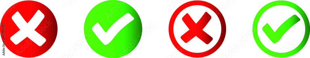 Check mark and X mark icon. Checkmark and x mark icon for apps and websites. Green and red check mark icon on white background Check mark and X mark icon. Checkmark and x mark icon for apps and websites. Green and red check mark icon on white background