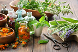 Bottles of essential oil or infusion of herbs and berries - calendula, mint, sage, oregano, healing plants and herbs on wooden table. Alternative medicine.
