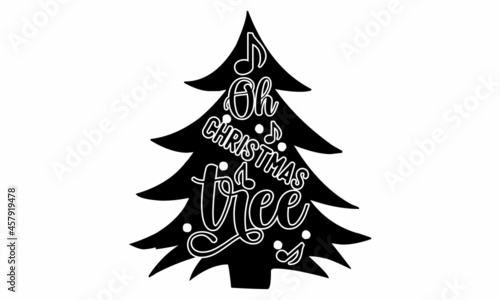 Oh christmas tree, Monochrome greeting card or invitation, Christmas quote, Good for scrap booking, posters, greeting cards, banners, textiles, vector lettering at green 