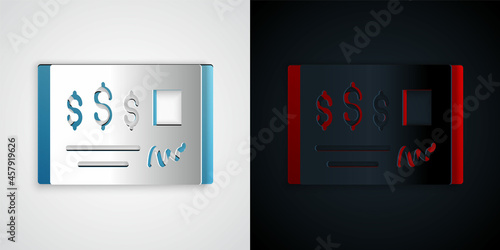Paper cut Blank template of the bank check and pen icon isolated on grey and black background. Checkbook cheque page with empty fields to fill. Paper art style. Vector