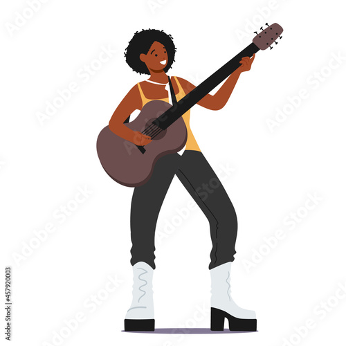 African Female Character Playing Acoustic Guitar Performing Rock or Country Melody. Musician Singing and Playing