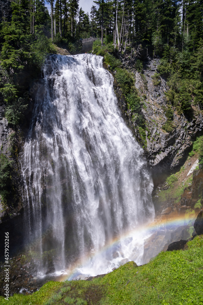 Narada Falls waterfall in Mt. Rainier National Park, with rainbow