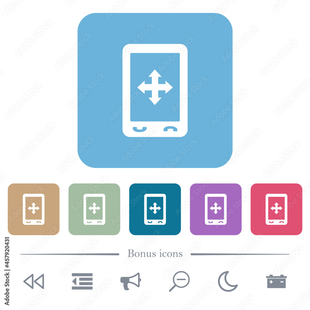 Mobile move gesture flat icons on color rounded square backgrounds