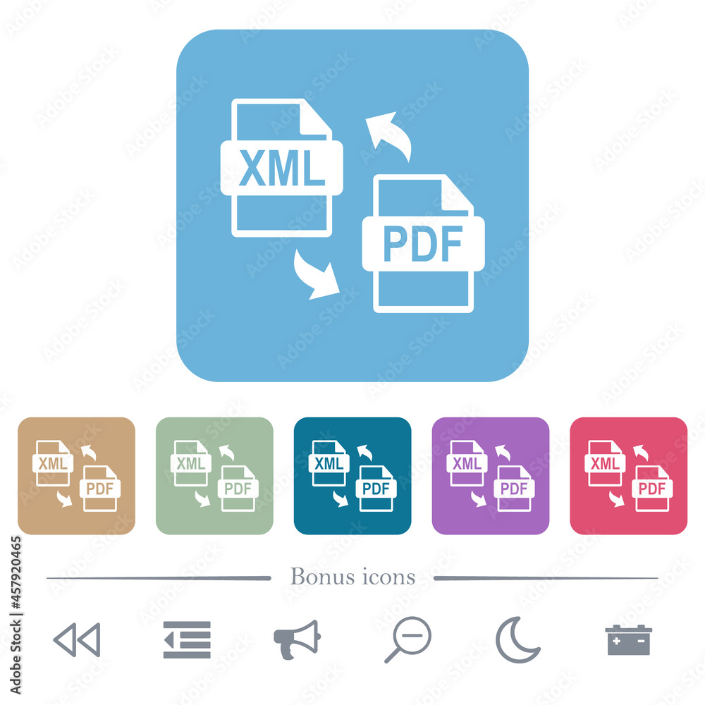 XML PDF file conversion flat icons on color rounded square backgrounds XML PDF file conversion flat icons on color rounded square backgrounds