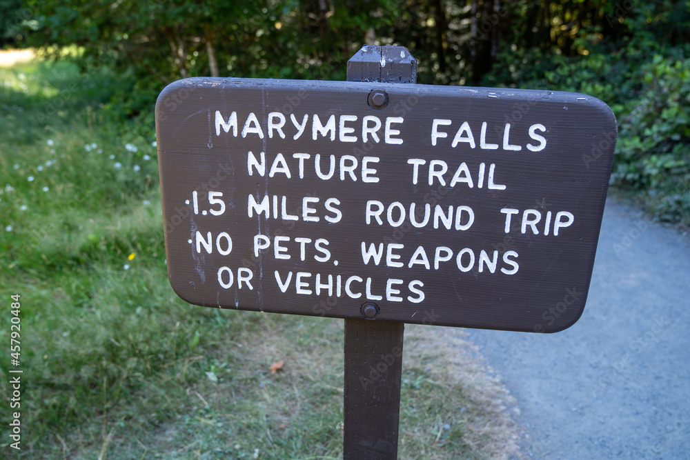 Informational sign for Marymere Falls nature trail in Olympic National Park - Washington USA