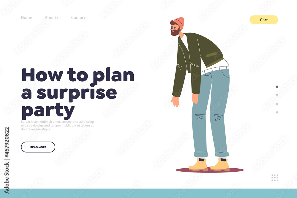 Surprise party concept of landing page with excited man staring with astonishment in eyes Surprise party concept of landing page with excited man staring with astonishment in eyes