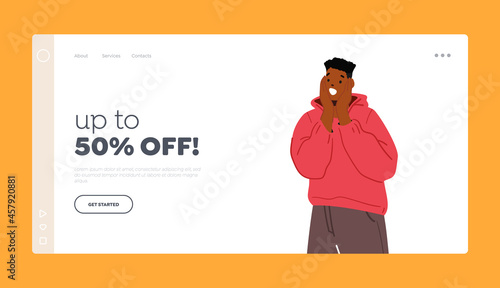 Up to 50 Percent Off Landing Page Template. Young African Man Surprised Emotion. Astonished Shocked Male Character, Sale