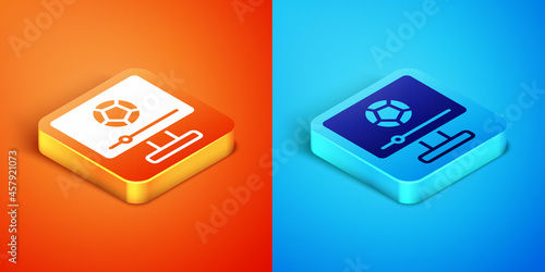 Isometric Football soccer match on TV icon isolated on orange and blue background. Football online concept. Vector