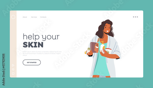 Skin Care Landing Page Template. Young Woman Applying Beauty Procedures. Female Character in Moisturizing, Bath Hygiene