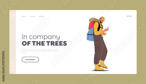 Traveler Hiking Adventure Landing Page Template. Backpacker Look on Compass Choosing Right Way. Active Tourist Hike