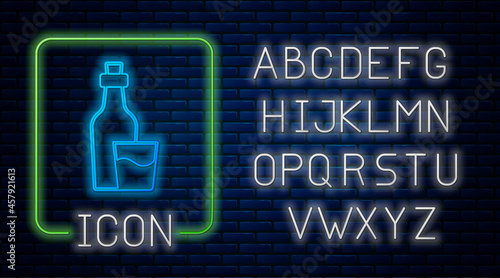 Glowing neon Soju bottle icon isolated on brick wall background. Korean rice vodka. Neon light alphabet. Vector