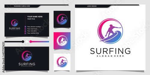 Minimalist surfing logo design with modern  concept, surf, holiday, sport, Premium vektor