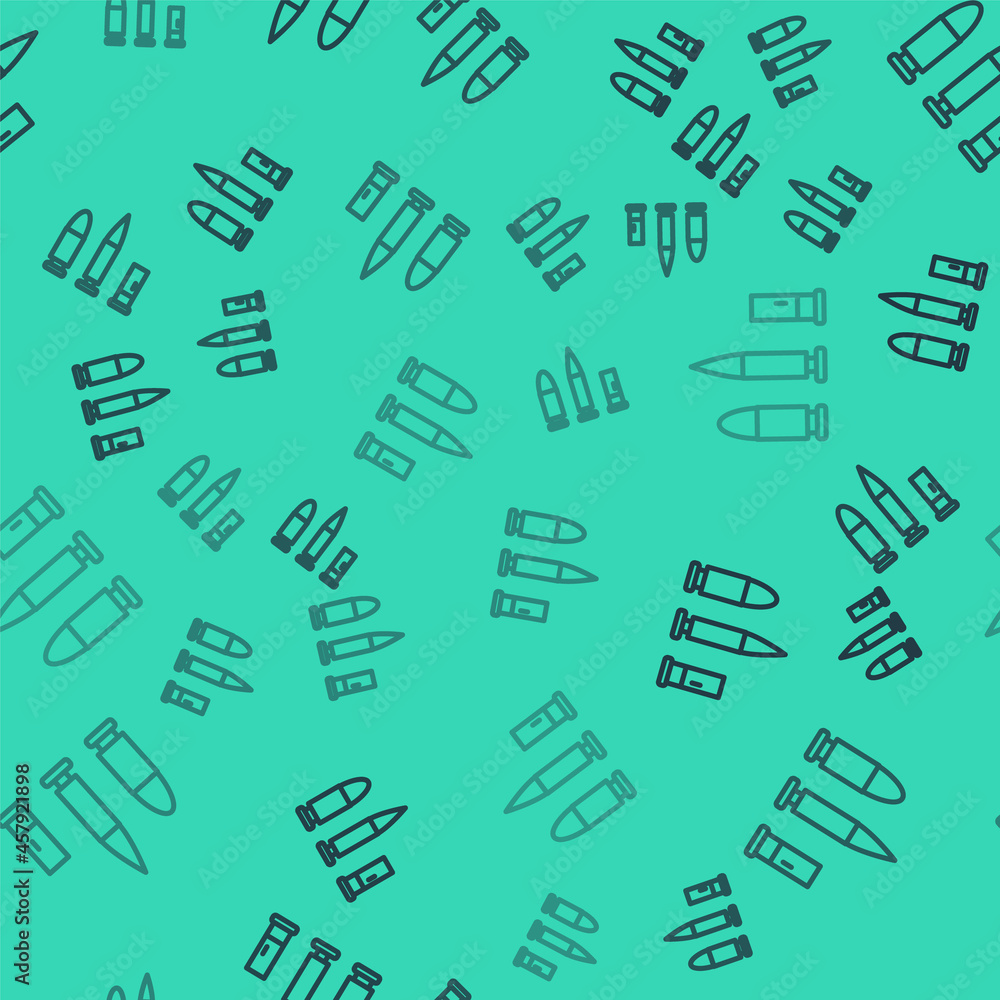 Black line Bullet and cartridge icon isolated seamless pattern on green background. Vector Black line Bullet and cartridge icon isolated seamless pattern on green background. Vector