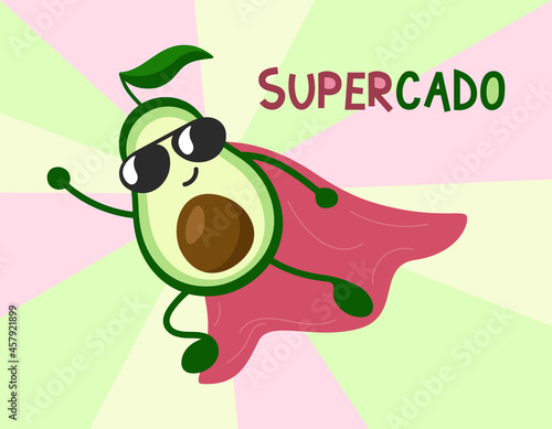 Avocado superhero. Happy cool cartoon avocado flying in super hero costume. Vector hand drawn illustration for print