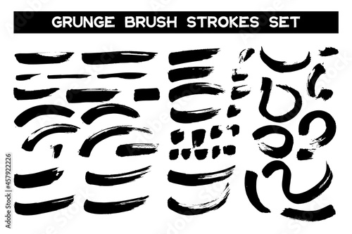 Set of black ink brush strokes, spots. Chinese calligraphy black brushes line isolated on white background. Dirty abstract grunge artistic design element for poster, banner, flyer. Vector illustration