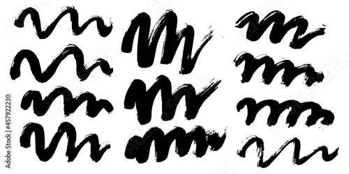 Set of black ink brush curve wave strokes. Chinese calligraphy black brushes line isolated on white background. Dirty abstract grunge artistic design element. Vector illustration