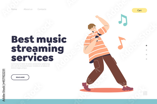 Best music streaming services landing page with boy listen song in earphones from mobile phone