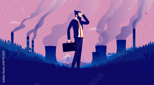 Corporate climate conscience - Businessman scratching head in front of polluted landscape, wondering about the consequences of his business. Vector illustration