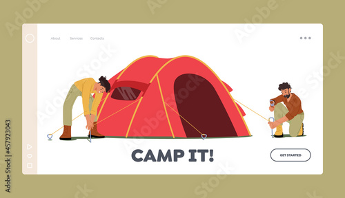 Active Tourists Characters Camping Landing Page Template. Young Man and Woman Set Up Tent for Summer Camp