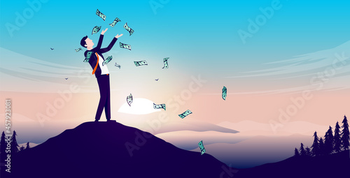 Money freedom - Man outdoors throwing money in air, being happy and feeling free. Economic independence and financial freedom concept. Vector illustration.