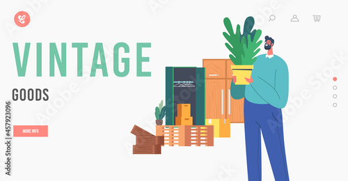 Vintage Goods Landing Page Template. Mature Man Look Home Plant on Flea Market. Male Character Shopping on Garage Sale