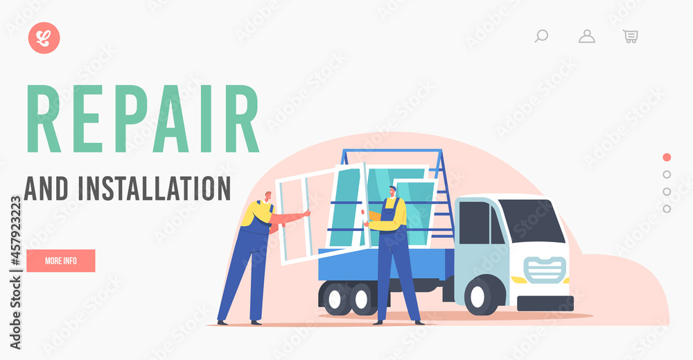 Repair and Installation Landing Page Template. Workers Loading Pvc Windows on Truck with Rack for Glass Transportation Repair and Installation Landing Page Template. Workers Loading Pvc Windows on Truck with Rack for Glass Transportation