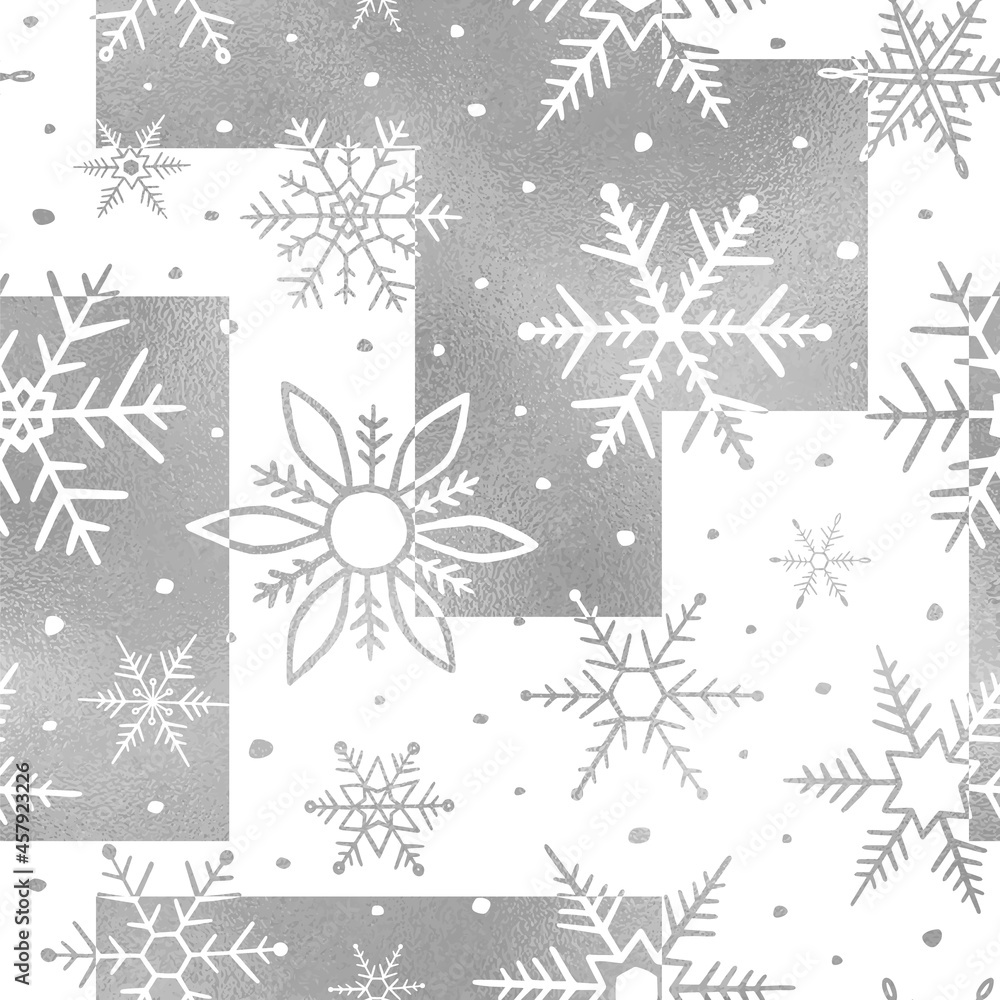 Fototapeta premium Snowflake seamless pattern. Snowflakes background. Repeated silver texture. Snow printed. Repeating winter printing. Design snowflakes patern for prints. Cute marble backdrop. Vector illustration