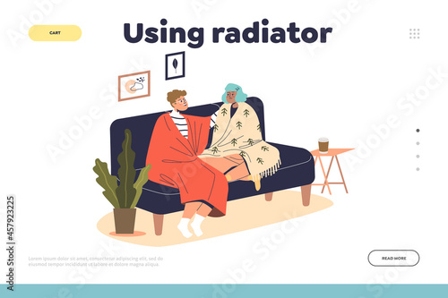 Using radiator concept of landing page with young couple sit on couch under warm blankets indoors