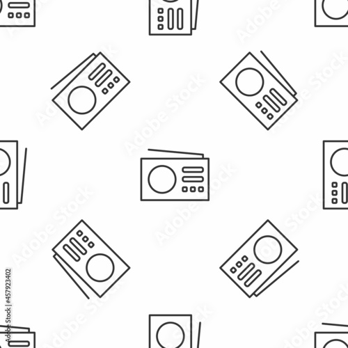 Black Radio with antenna icon isolated on white background. Yellow square button. Vector