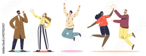 Group of people cheering happy giving high five, jumping up, showing okay sign and thumb up