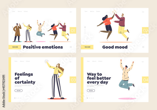 Happiness and positive excitement emotions concept of landing pages set with cheerful happy people