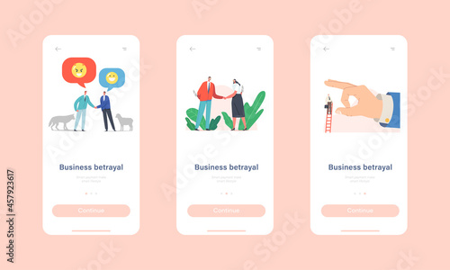 Business Betrayal Mobile App Page Onboard Screen Template. Characters with Knives Shake Hands, Sheep and Wolf Friendship