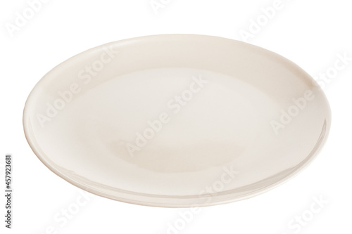 white glazed ceramic plate, isolated on a white background, close-up