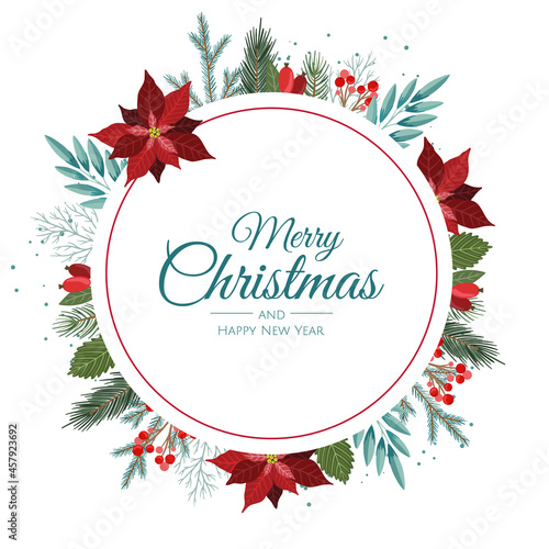 Christmas wreath with pine branches decorated with red berries, wooden stars and candy canes.