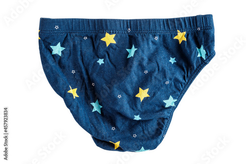 children's textile cotton soft underpants blue with stars for boys, warm for kids, isolated on a white background, close-up
