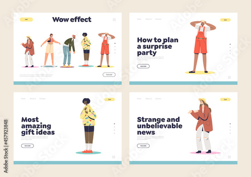 Human reaction on unexpected event, news, wow surprise party and amazing gift, set of landing pages