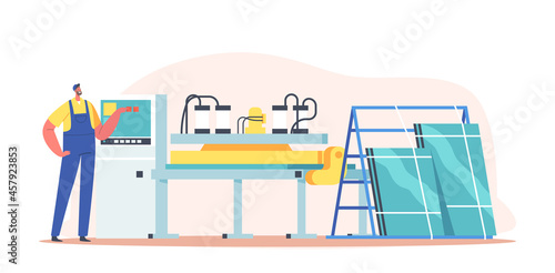 Plastic Windows, Pvc Profile Producing Concept. Worker Male Character in Uniform on Manufacture Factory Produce Glasses