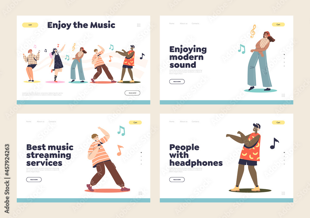 Streaming services and headphones for listening music landing pages with people wear earphones