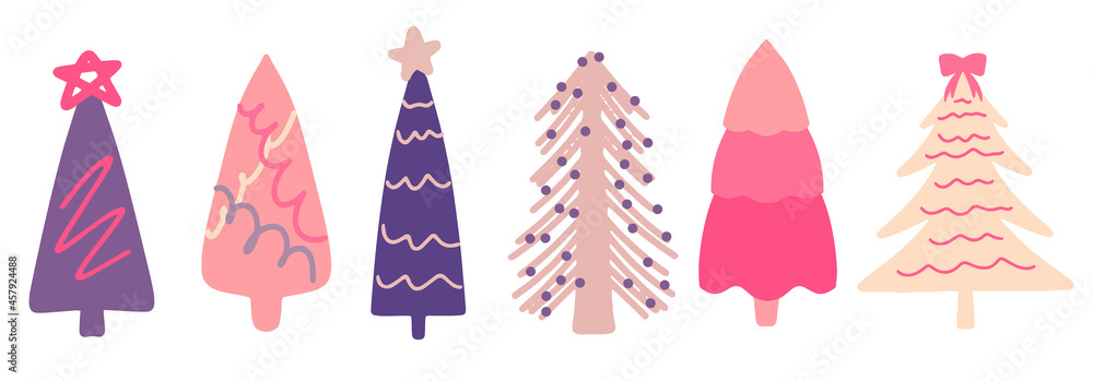 Collection of Christmas trees and fir trees, modern flat design. A set of unusual colored Christmas trees. Pink, lilac, beige. For printed products - leaflets, posters, business cards or for the web. Collection of Christmas trees and fir trees, modern flat design. A set of unusual colored Christmas trees. Pink, lilac, beige. For printed products - leaflets, posters, business cards or for the web.