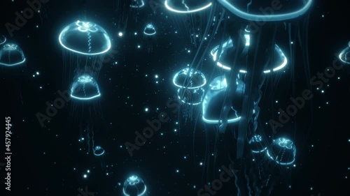 High quality animation of glowing cosmic cyan blue Jellyfish sea jelly peacefully swimming in deep dark ocean aquarium. Can be used as background or as stand-alone video. Seamless loop 4k photo