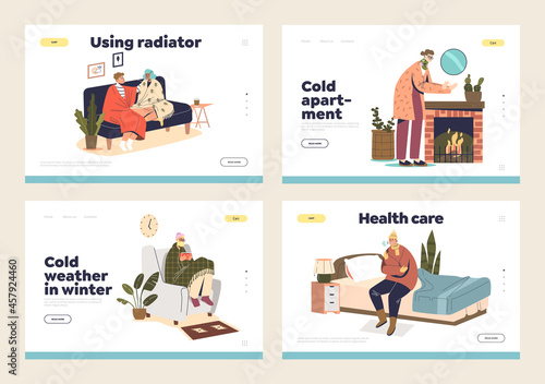 Cold apartment and weather in winter set of landing pages with people shivering and freezing at home